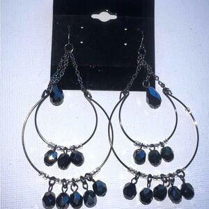 Dangling Black Faceted Bead Hoop‎ Earrings Silver Tone Chandelier
